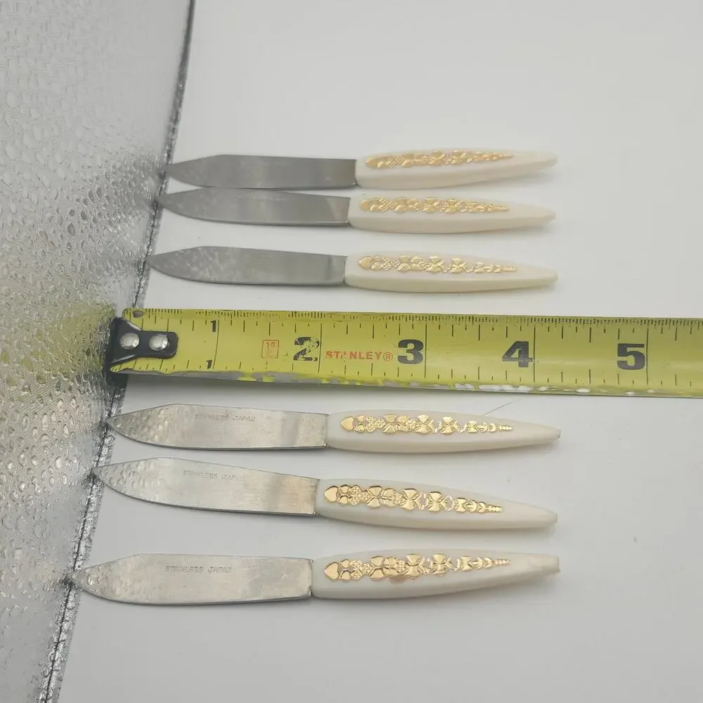 Vintage 6 Mini Cocktail Appetizer‎ Knives Japan Cream Gold Floral MCM Stainless